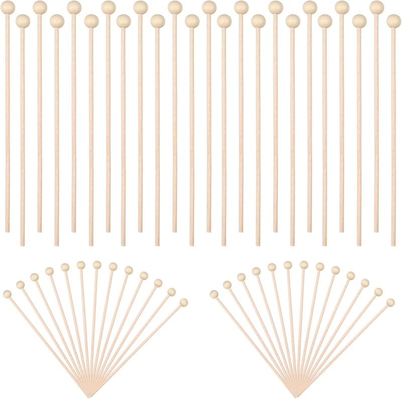 Pretwad 50 Pack Wooden Rock Candy Sticks with Ball Tips- 6 Inch Natural Wood Cake Pop & Drink Stirrer Sticks, Wood Swizzles Sticks for Chocolate Dipping & Coffee(15cm, Round Ball Head, Bulk) - Image 1